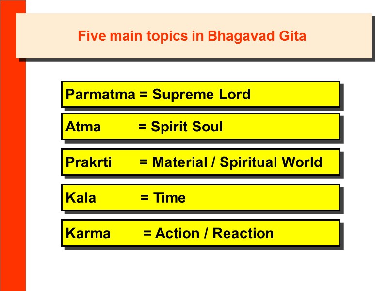 Five main topics in Bhagavad Gita  Parmatma = Supreme Lord Atma  